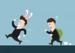 Rabbit Businessman And Turtle One Are In Running Competition Stock Photo