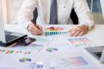 Working Process Startup. Businessman Working At The Wood Table W Stock Photo