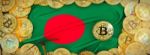 Bitcoins Gold Around Bangladesh  Flag And Pickaxe On The Left.3d Stock Photo