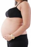 Image Of Pregnant Woman Touching Her Belly With Hands Stock Photo