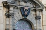 Crest Of King Charles Iv At Entrance To Charles Bridge In Prague Stock Photo