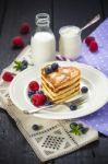 Stack Of Heart Shaped Pancakes With Fresh Berries Stock Photo