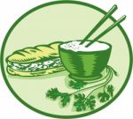 Banh Mi Rice Bowl Coriander Circle Retro Stock Photo