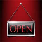 Open Label Sign Silver Frame Luxury Hanging Style Using As A Component About Business Red On Background Stock Photo