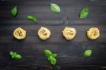 Ingredients For Homemade Pasta On Dark Wooden Background Stock Photo