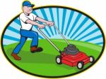Lawn Mower Man Gardener Cartoon Stock Photo