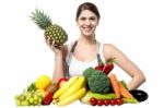 Beautiful Young Woman With Fruits And Vegetables Stock Photo