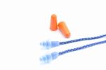 Blue And Orange Earplugs With A String On White Background Stock Photo