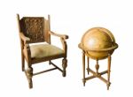 Old Wooden Chair And Globe Stock Photo