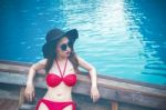 Beautiful Girl In Red Bikini On Boat Stock Photo
