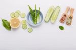 Natural Herbal Skin Care Products. Top View Ingredients Cucumber Stock Photo