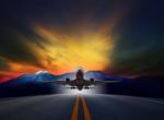 Jet Plane Flying Over Runways Against Rock Mountain And Beautifu Stock Photo