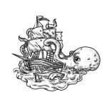 Kraken Attacking Ship Tattoo Grayscale Stock Photo