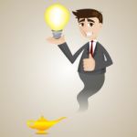 Cartoon Businessman From Magic Lamp Showing Idea Bulb Stock Photo