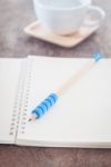 Open Blank Notebook With Pencil Stock Photo