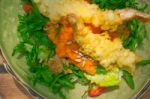 Fresh Japanese Tempura Shrimps With Salad Stock Photo