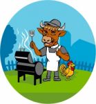 Clergy Cow Minister Barbecue Chef Rooster Caricature Stock Photo