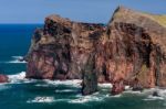 Cliffs At St Lawrence Madeira Showing Unusual Vertical Rock Form Stock Photo