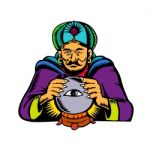 Fortune Teller With Crystal Ball Woodcut Stock Photo