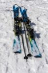 Pair Of Skis And Sticks In The Snow At Pordoi Stock Photo