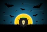 Halloween Witch Cauldron Skull Moon Bat  Stock Photo