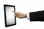 Hand Of Business Man Touching On Tablet Screen Isolated On White Stock Photo
