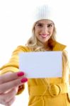 Smiling Woman Showing Business Card Stock Photo