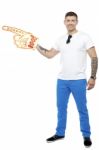 Man Wearing Boo Hurray Foam Glove Stock Photo