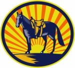 Horse Western Saddle Oval Woodcut Stock Photo