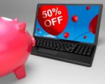 Fifty Percent Off Laptop Means 50 Half-price Savings Stock Photo