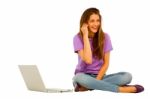 Smiling Teenage Girl With Laptop Stock Photo