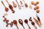 Spoon Of Various Legumes And Different Kinds Of Nuts Walnuts Ker Stock Photo