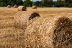 Hay Bales On Freshly Harvested Fields Stock Photo