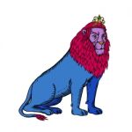 Blue Lion Sitting Wearing Tiara Crown Etching Stock Photo