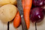 Basic Vegetable Ingredients Carrot Potato Onion Stock Photo