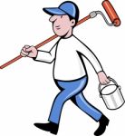 House Painter With Painting Roller Paint Can Stock Photo