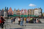 Historic Gabled Buildings And Cafes In Market Square Bruges West Stock Photo