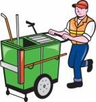 Streeet Cleaner Pushing Trolley Cartoon Isolated Stock Photo