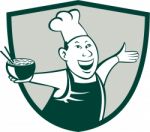 Asian Chef Serving Noodle Bowl Dancing Crest Cartoon Stock Photo