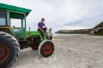 The Tractor On The Cape Bridgewater Stock Photo