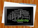 Leadership Word Shows Wordcloud Initiative And Management Tablet Stock Photo