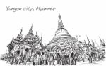 Sketch Cityscape Of Yangon, Myamar Image Of Shwedagon Pagoda Stock Photo