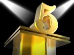 Golden Five On Pedestal Shows Shiny Trophy Or Award Stock Photo