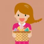 Cute Girl Holding Basket Full Of Easter Eggs Stock Photo