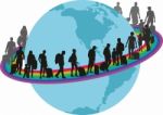Travelers - Migrantson On Rainbow Around The Earth Stock Photo