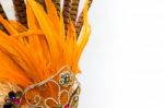 Helmet Decorated With Bright Stones And Faisan Feathers For Carnival Stock Photo