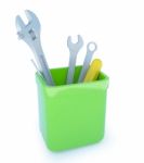 Tools In Plastic pot Stock Photo