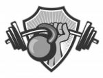 Hand Lifting Barbell Kettlebell Crest Grayscale Stock Photo