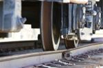 Closeup Of The Moving Train And The Railway Stock Photo