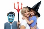 Mom With Son And Daughter. Halloween Dress Up Stock Photo